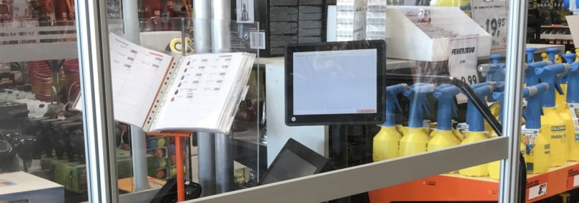 Hygieneschutz und Ladenbau, Systembau aus Aluminium, Stützen mit Glasklemme, Stütze mit Punkthalter