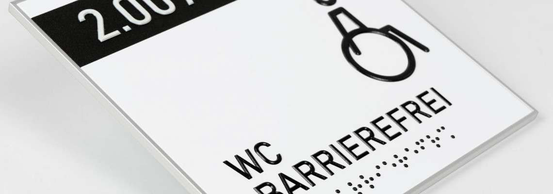 Signaletik, Leitsystem, Taktile Beschriftung, Wandschilder für Sehbehinderte oder blinde Menschen